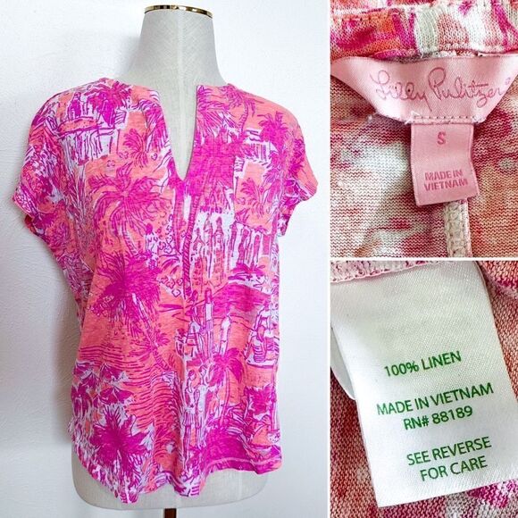 Lilly Pulitzer Sz S Duval Top Linen Pink Cheeky Melon Rule Breakers - Picture 1 of 2